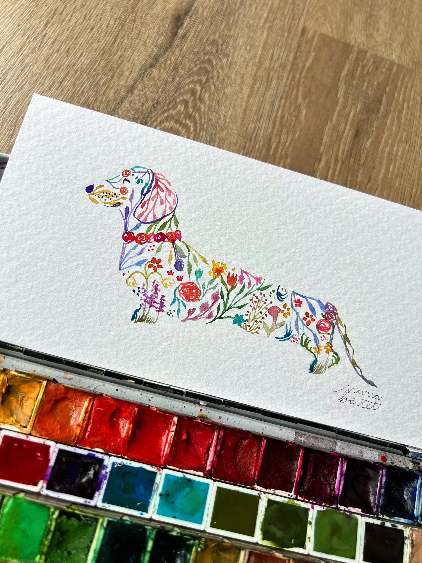 Print Perro Salchicha Flores Acuarela