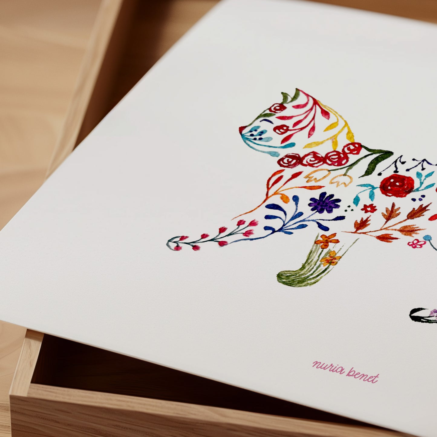 Print Gato Flores Acuarela