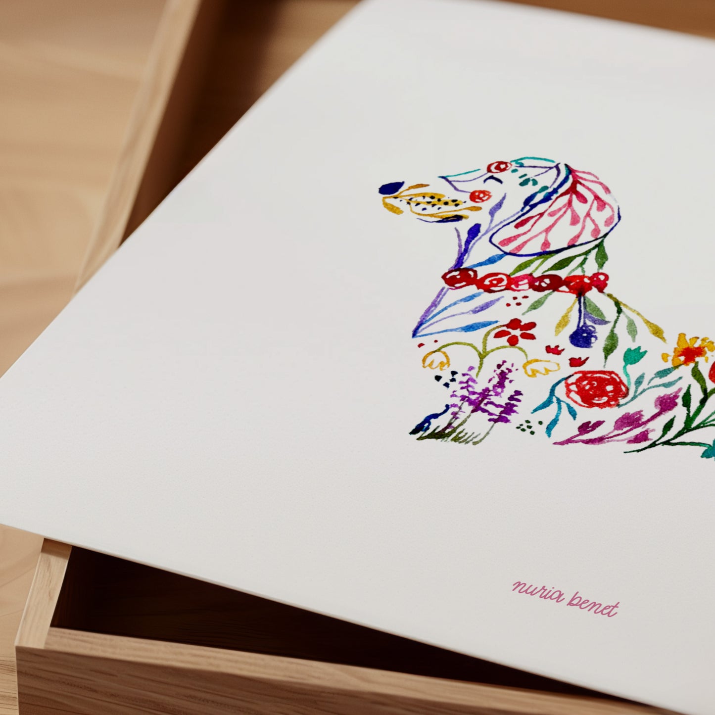 Print Perro Salchicha Flores Acuarela